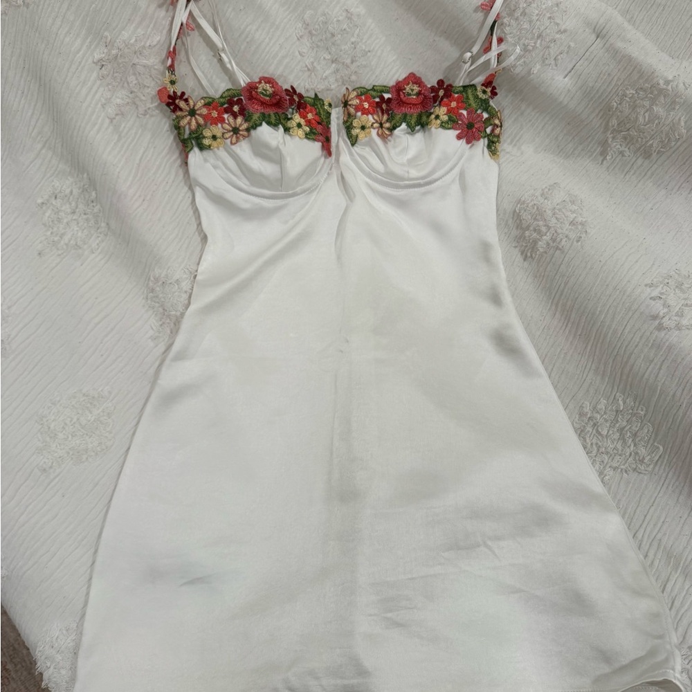 Princess Polly White Mini Dress with Red & Green Floral Trim